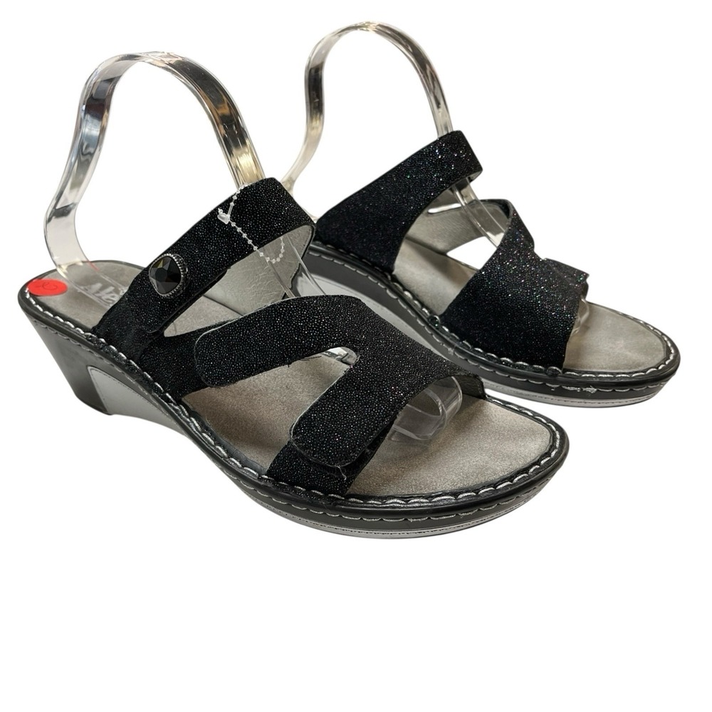 Alegria Loti Sandals Womens 11 Black Leather Sparkle Glitter Wedge Slip On Event